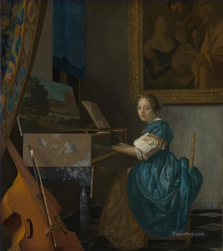 ヨハネス・フェルメール Painting - ヴァージナル・バロックに座る貴婦人 ヨハネス・フェルメール